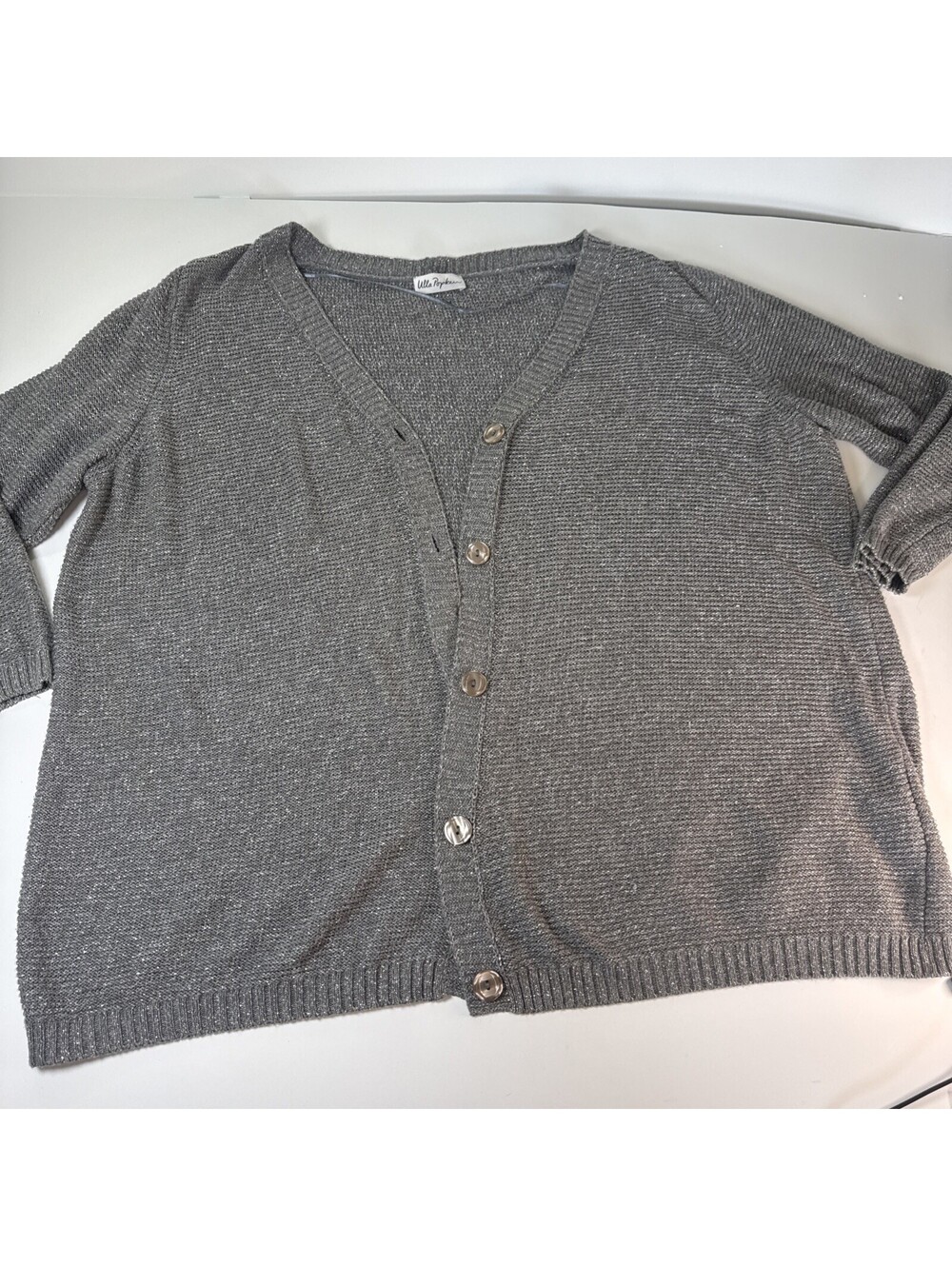 Ulla Popken Cardigan Womens 24 26 Plus Silver Gray Metallic Shimmer Sweater Cozy